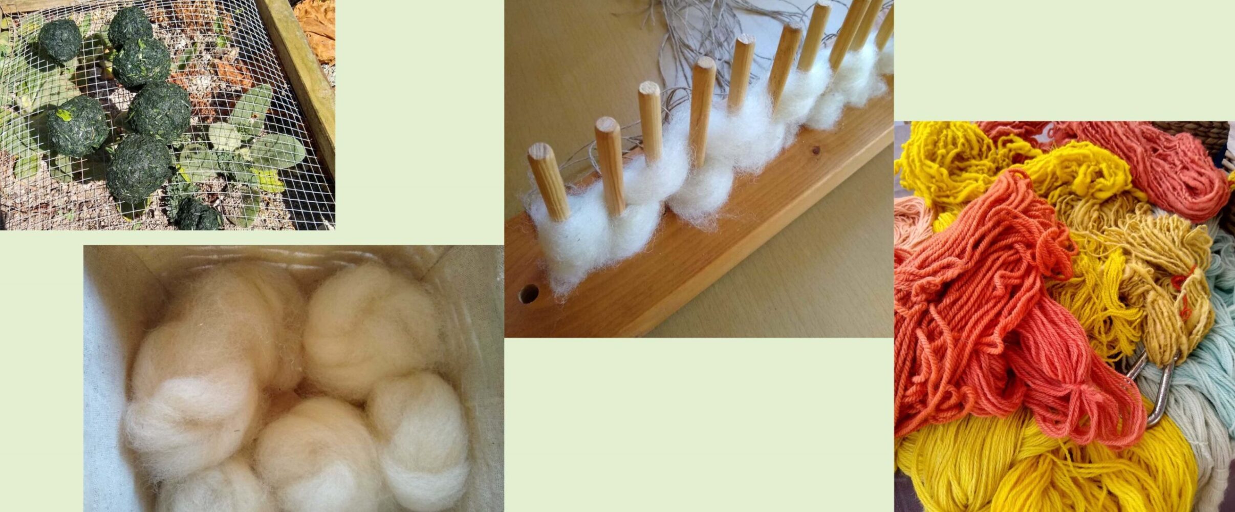 woad balls on a drying rack. combed nests of fibre in a box, a peg loom and naturally dyed yarn