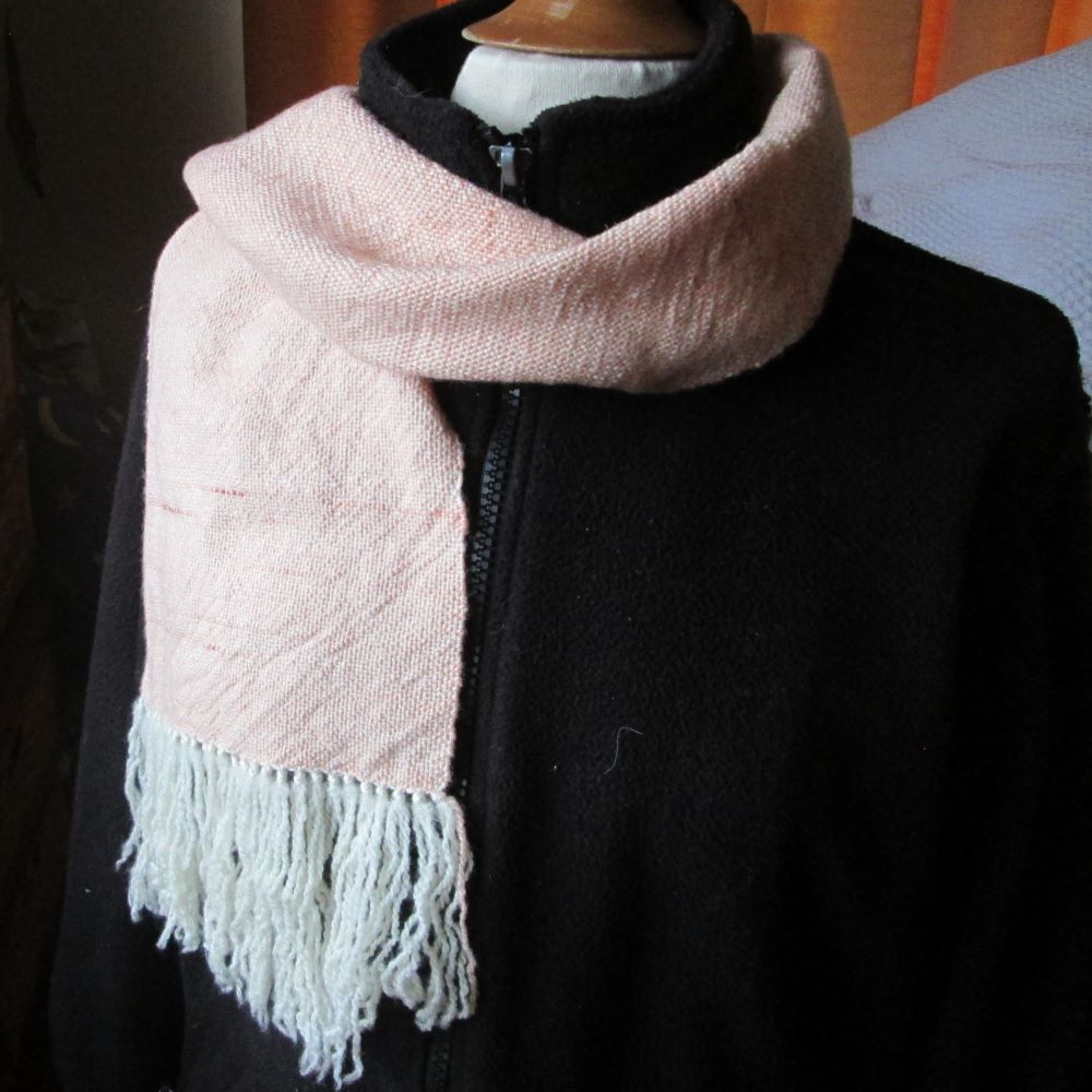 pink and cream taffeta scarf on a mannequin with a black jacket